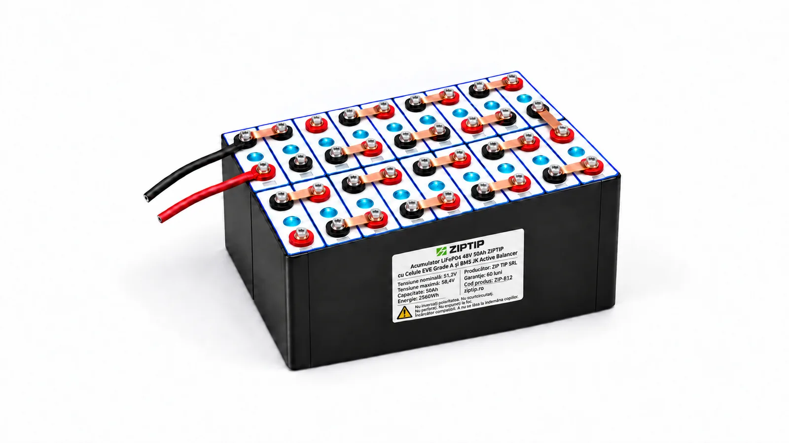 Acumulator LiFePO4 48V 50Ah ZIPTIP cu Celule EVE Grade A și BMS JK Active Balancer